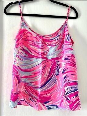 Lilly Pulitzer Graycee Silk Tank Top Oh My Guava Pink Blue Size S